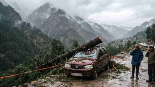 Car damaged by a fallen deodar tree in the Barot Valley of Mandi district