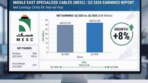Financial graph displayed on a computer screen showing Middle East Specialized Cables (MESC) Q2 2026 net earnings rising 8% to SAR 32.3 million.