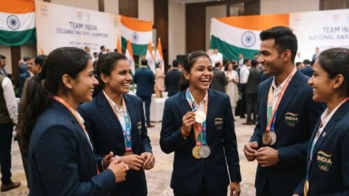 Prime Minister Narendra Modi interacting with the Indian athletic contingent under the Cheer4Bharat campaign.