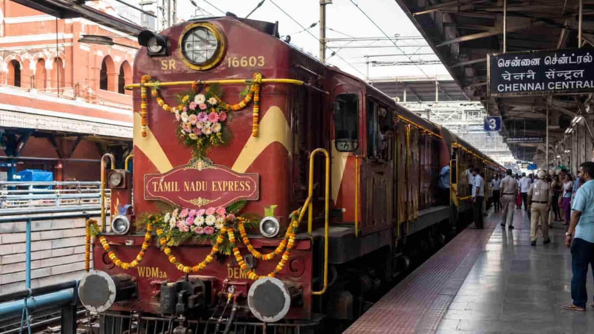 The Tamil Nadu Express decorated at Chennai Central railway station for its 50th golden jubilee anniversary.