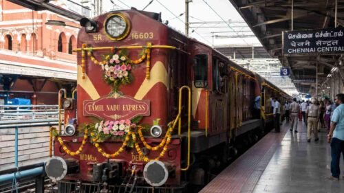 The Tamil Nadu Express decorated at Chennai Central railway station for its 50th golden jubilee anniversary.