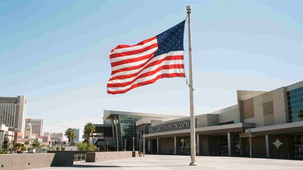 merican flag displayed during a presidential economic address in Las Vegas