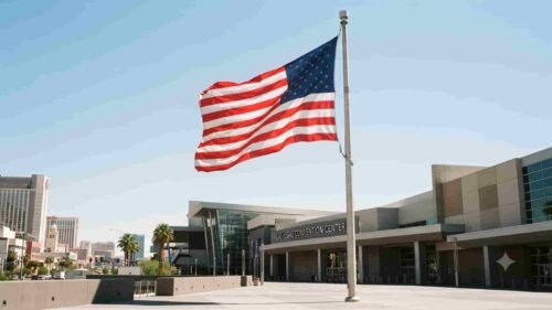 merican flag displayed during a presidential economic address in Las Vegas