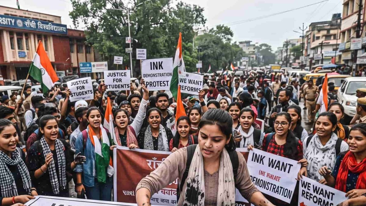 tudent protesters and AISA leaders marching toward the Jharkhand Assembly in Ranchi