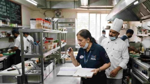 Food and Drug Administration officers conducting safety and hygiene inspections at a restaurant in Pune.