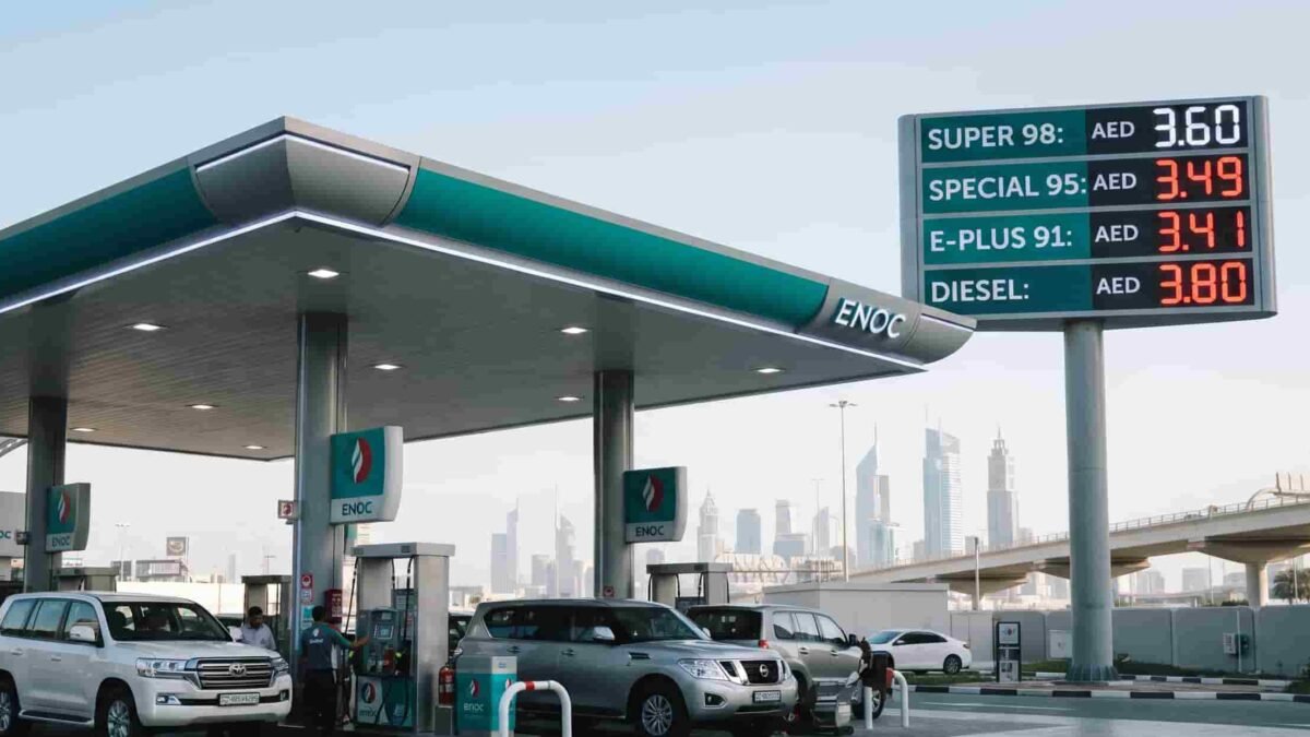 Modern fuel station display boards showing updated petrol prices in the UAE