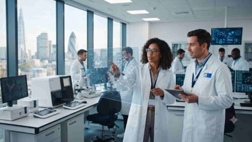 Scientists working in a modern UK research laboratory following the Global Talent visa expansion