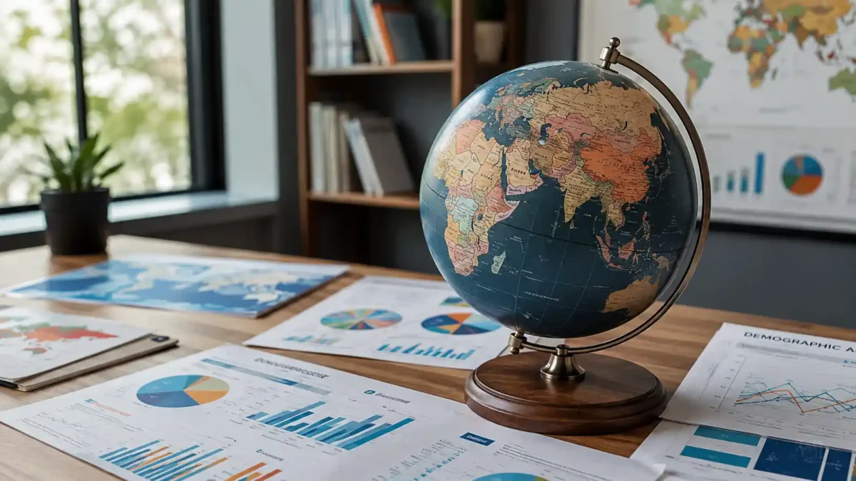 t: Conceptual representation of global demographic migration data and world maps on a desk