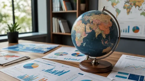t: Conceptual representation of global demographic migration data and world maps on a desk