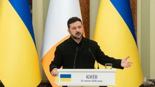 Ukrainian President Volodymyr Zelensky addressing the media regarding the use of North Korean missiles by Russian forces.